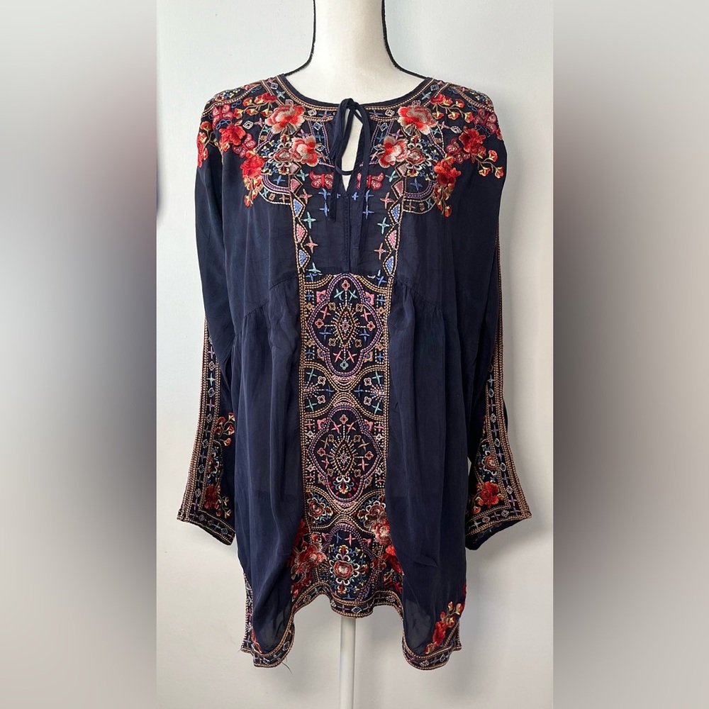 Johnny Was Navy blue floral Embroidered tunic dress M